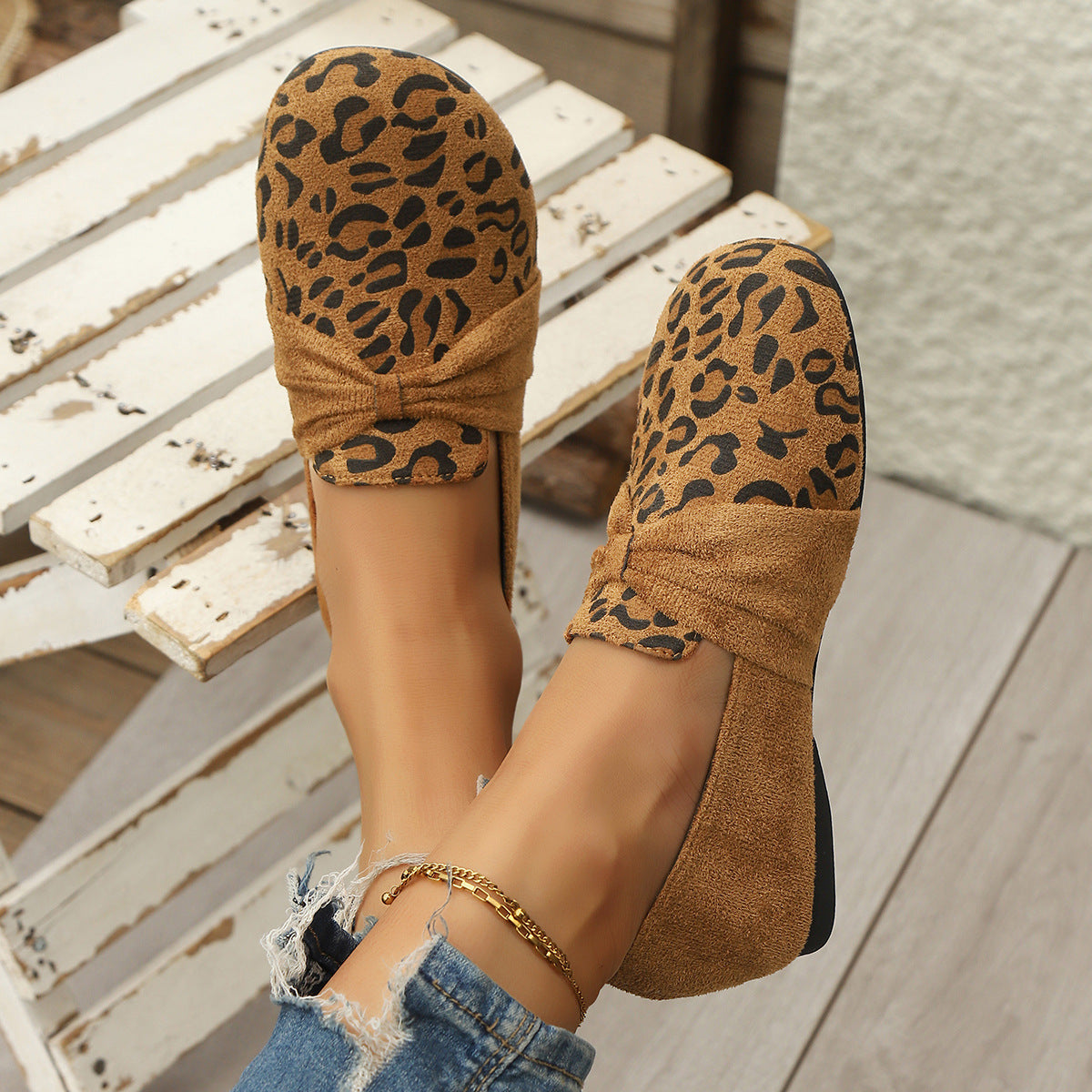 Damen Mokassins mit modischem Leopardenmuster und eleganter Schleifenapplikation R&B
