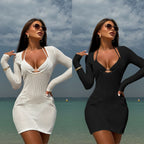 Damen körperbetontes Strandkleid mit langen Ärmeln und raffinierter Ausschnitt R&B
