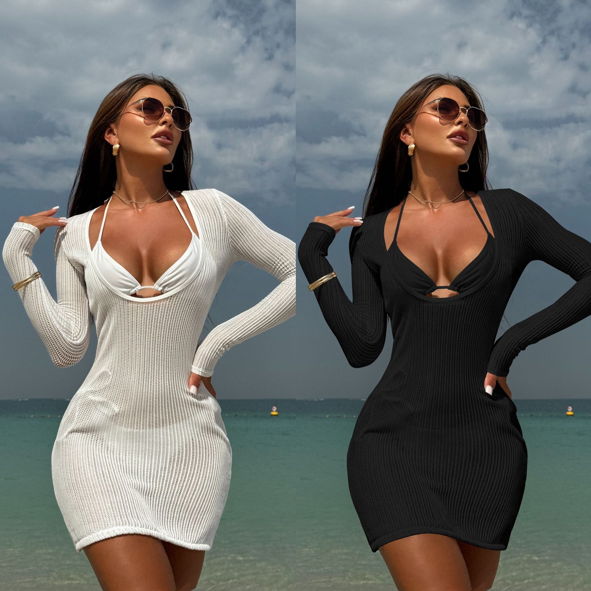 Damen körperbetontes Strandkleid mit langen Ärmeln und raffinierter Ausschnitt R&B