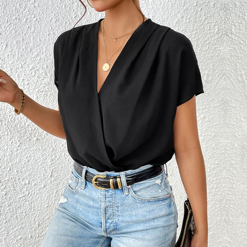 Damen Body mit eleganter Wickeloptik und kurzen Ärmeln R&B