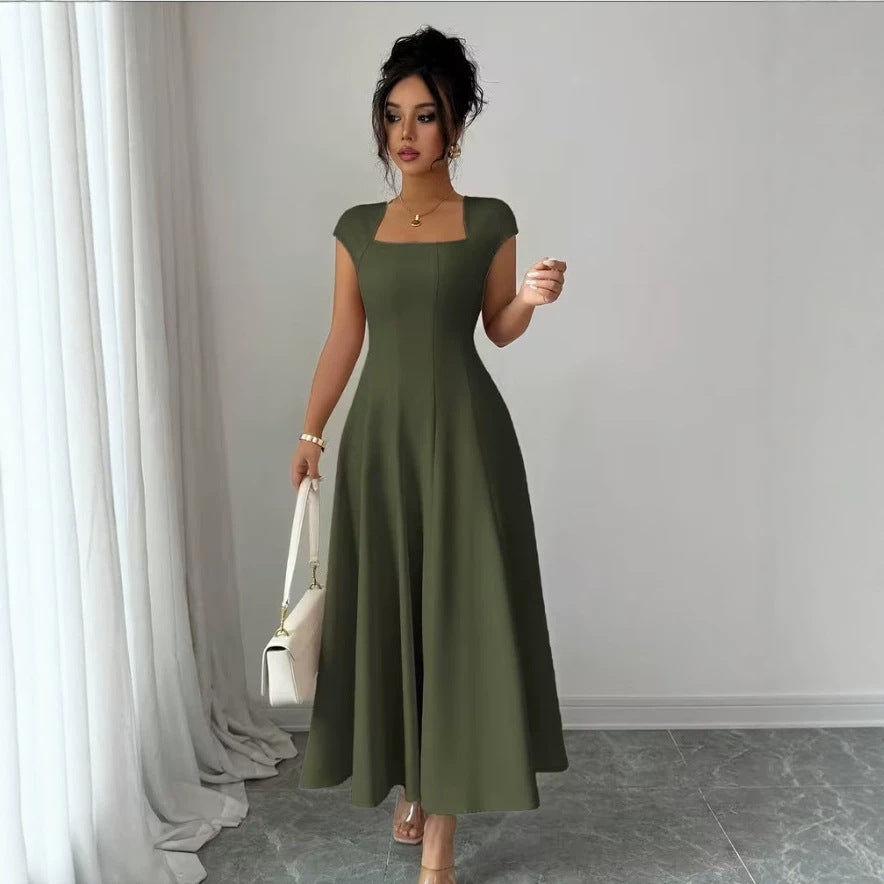 Damen Elegantes Maxikleid mit rechteckigem Ausschnitt und fließendem Rock R&B