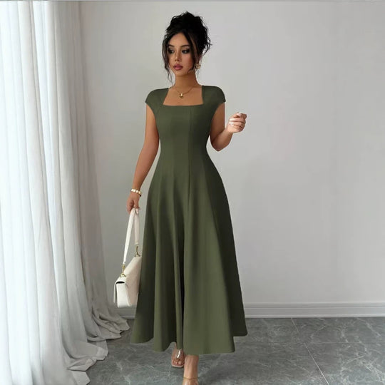 Damen Elegantes Maxikleid mit rechteckigem Ausschnitt und fließendem Rock R&B