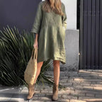 Damen lässiges Leinenkleid mit praktischen Taschen und asymmetrischem Saum R&B