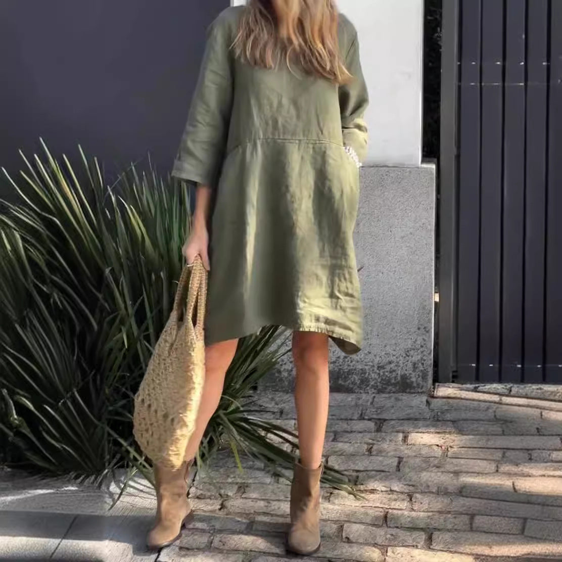 Damen lässiges Leinenkleid mit praktischen Taschen und asymmetrischem Saum R&B