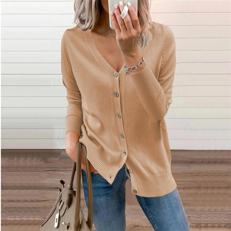 Damen Strickjacke mit Modernen Knopfdetails und Tiefem V-Ausschnitt R&B