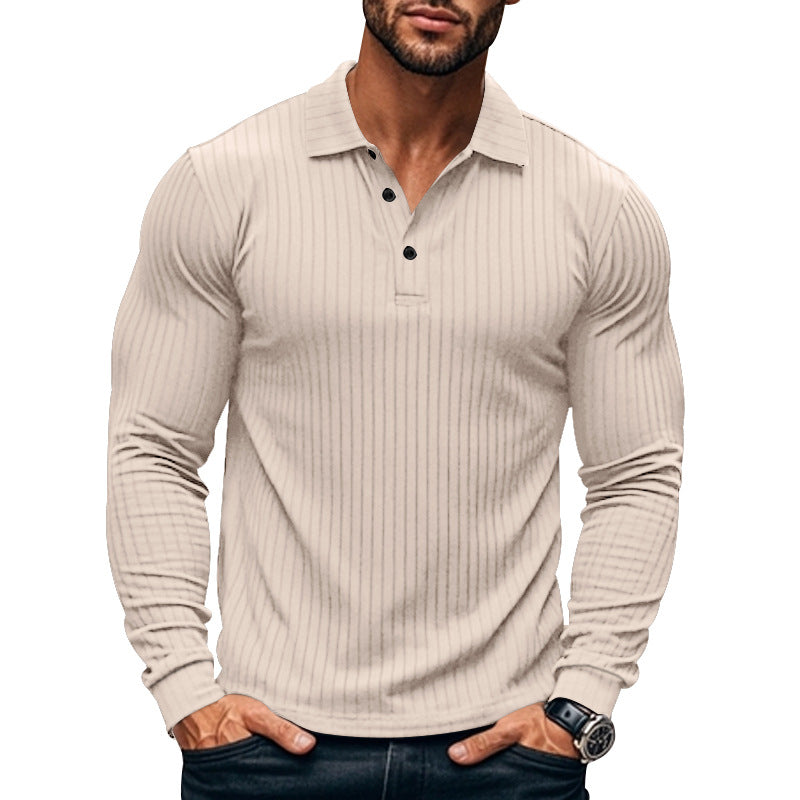 Herren nan eng anliegendes geripptes Langarm-Poloshirt mit Kentkragen und kurzer Knopfleiste R&B