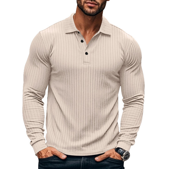 Herren nan eng anliegendes geripptes Langarm-Poloshirt mit Kentkragen und kurzer Knopfleiste R&B
