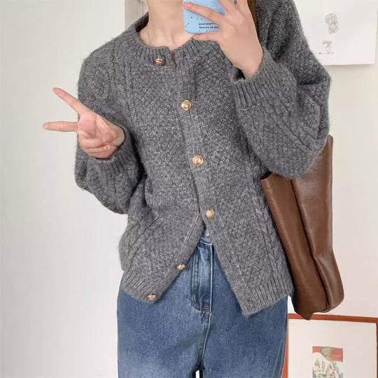 Damen Gemusterte Strickjacke mit goldenen Knöpfen und weitem Schnitt R&B