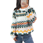 Damen Grobstrickpullover mit buntem Zickzackmuster und floralen Akzenten R&B