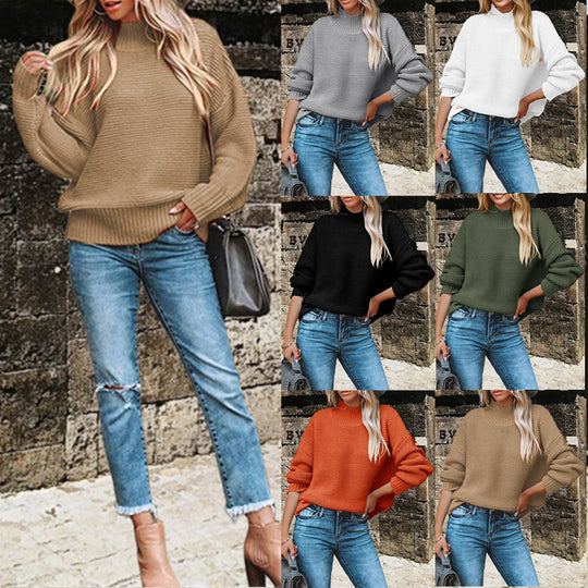 Damen Grobstrickpullover mit hohem Kragen und Ballonärmeln R&B