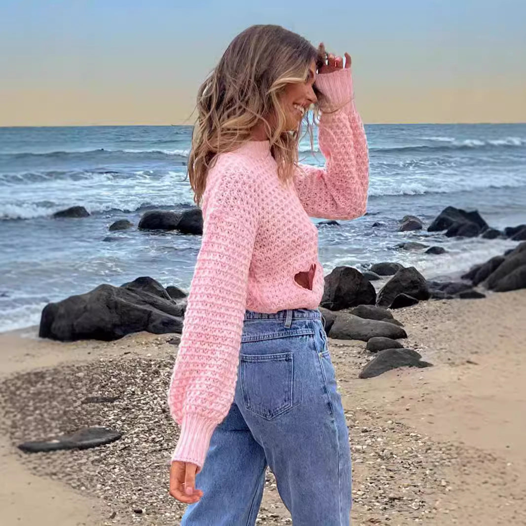 Damen Grob gestrickter Pullover mit Herzverzierungen und lockerem Schnitt R&B
