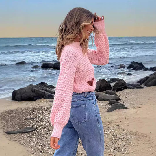 Damen Grob gestrickter Pullover mit Herzverzierungen und lockerem Schnitt R&B