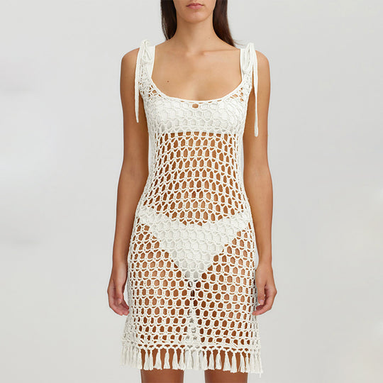 Damen transparenter Häkel-Strandüberwurf mit fransen R&B