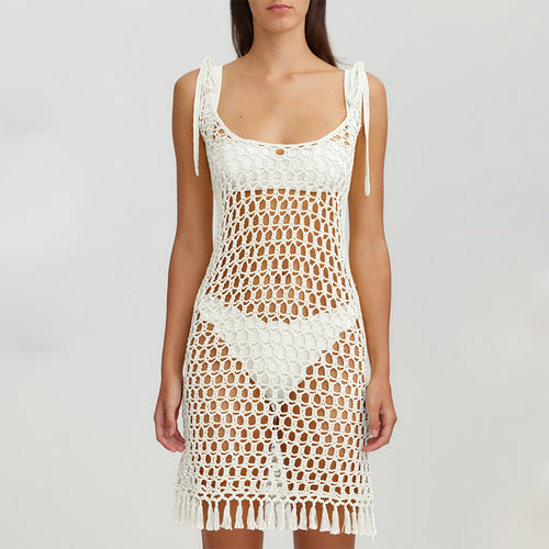 Damen transparenter Häkel-Strandüberwurf mit fransen R&B