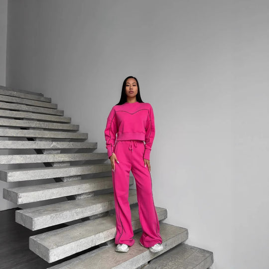 Damen lässiges Fleece-Set mit gemütlichem cropped Oberteil und weiten Hosen R&B