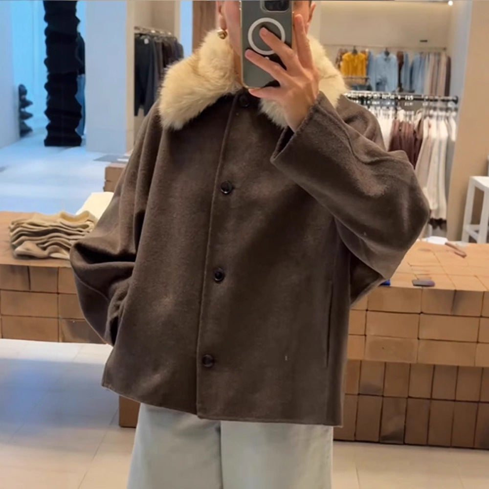 Damen elegante Oversized-Jacke mit Sherpa-Kragen R&B