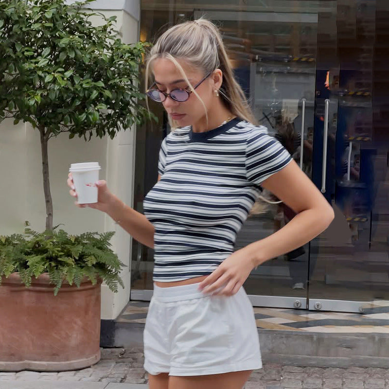 Damen Kurzarmshirt mit modernem Streifenmuster und elastischem Schnitt R&B