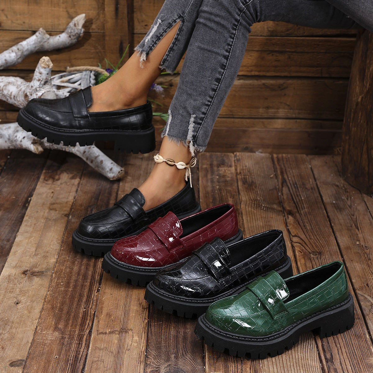 Damen Mokassins mit modernem Kroko-Design und robustem Profil R&B