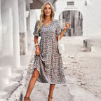 Damen Midi-Kleid mit Floralem Muster und Verspieltem V-Ausschnitt R&B