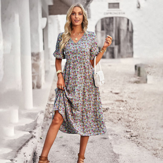 Damen Midi-Kleid mit Floralem Muster und Verspieltem V-Ausschnitt R&B