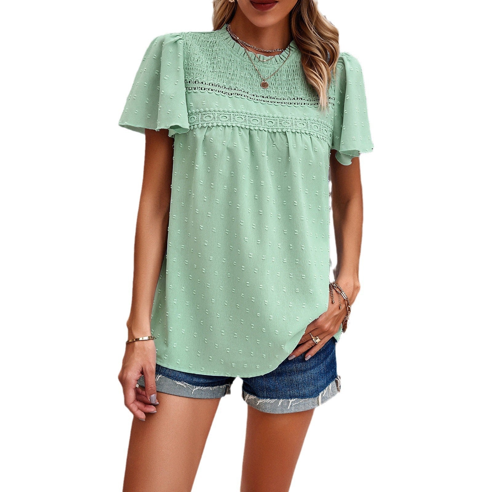 Damen Bluse mit Puffärmeln und dekorativer Spitzenverarbeitung R&B