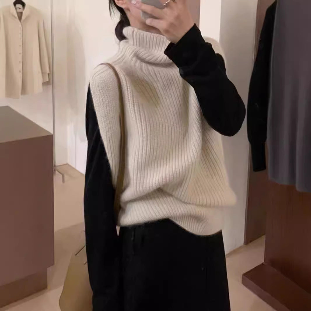 Damen lässige Strickweste mit Rollkragen und strukturiertem Zopfmuster R&B