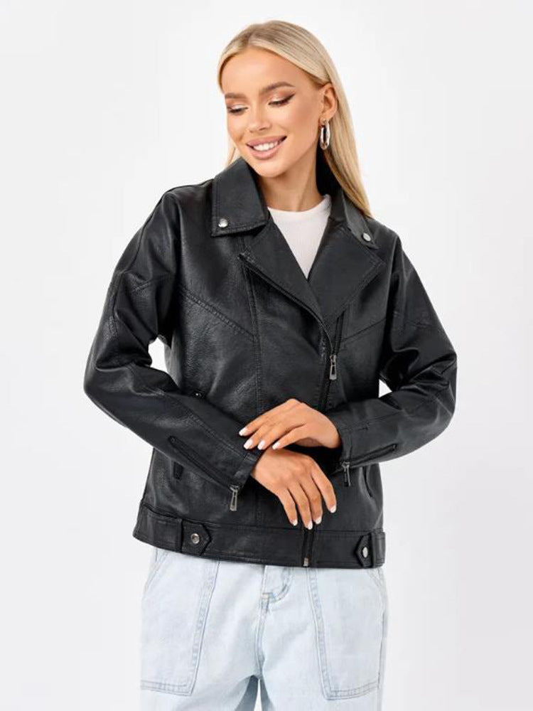 Damen hochwertige Kunstlederjacke im Biker-Stil mit asymmetrischem Reißverschluss R&B