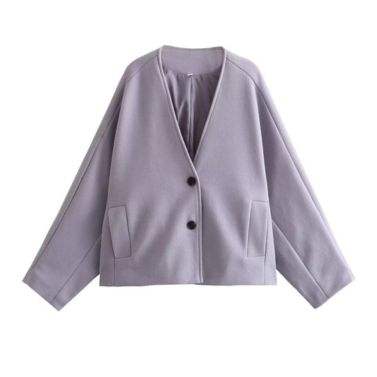 Damen modische Kurzjacke mit elegantem Revers und praktischen Taschen R&B