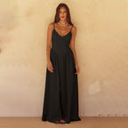 Damen elegantes Maxikleid mit feinen Spaghettiträgern und fließendem Rock EB