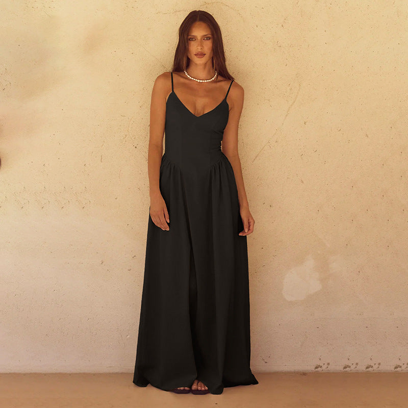 Damen elegantes Maxikleid mit feinen Spaghettiträgern und fließendem Rock EB