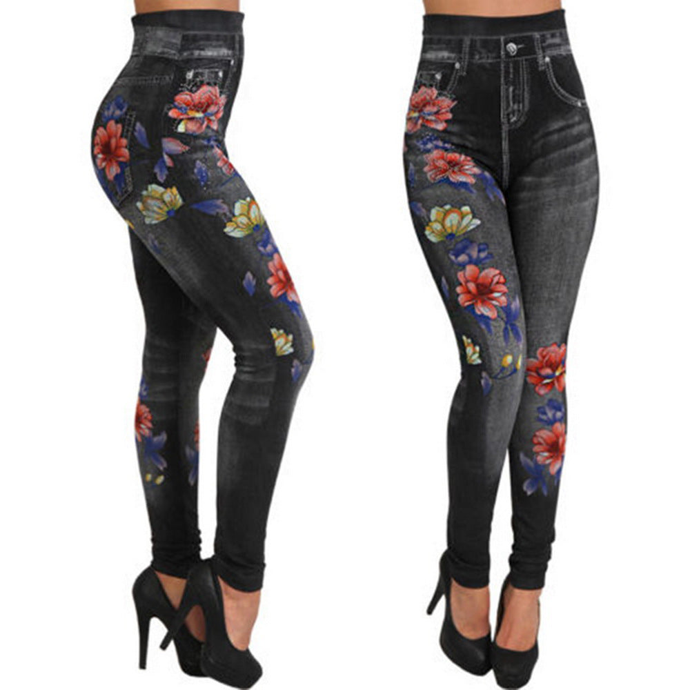 Damen Hochtaillierte Leggings im Jeans-Look mit floralem Motiv