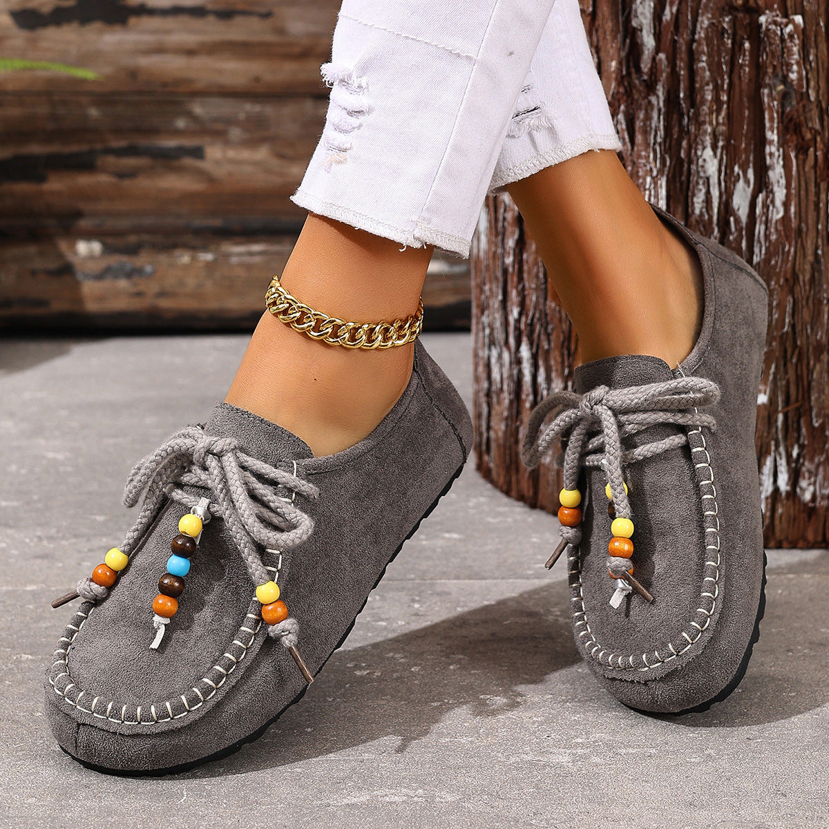 Damen Mokassin-Schuhe mit farbenfrohen Charakterperlen und rutschfester Sohle R&B