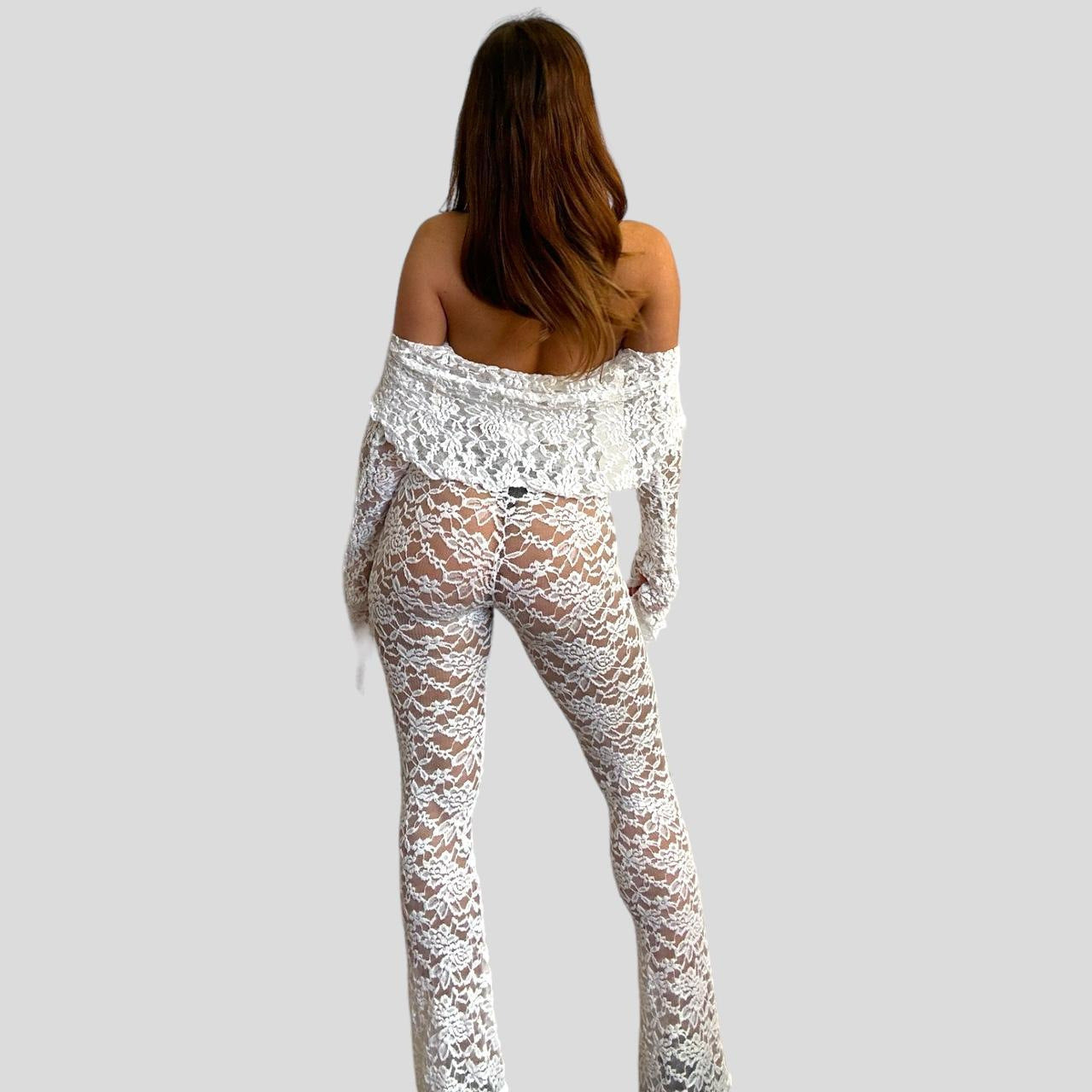 Damen Spitzen-Crop-Top mit weitem Ärmel und passenden Hose R&B