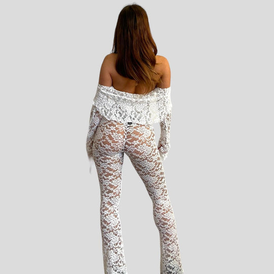 Damen Spitzen-Crop-Top mit weitem Ärmel und passenden Hose R&B