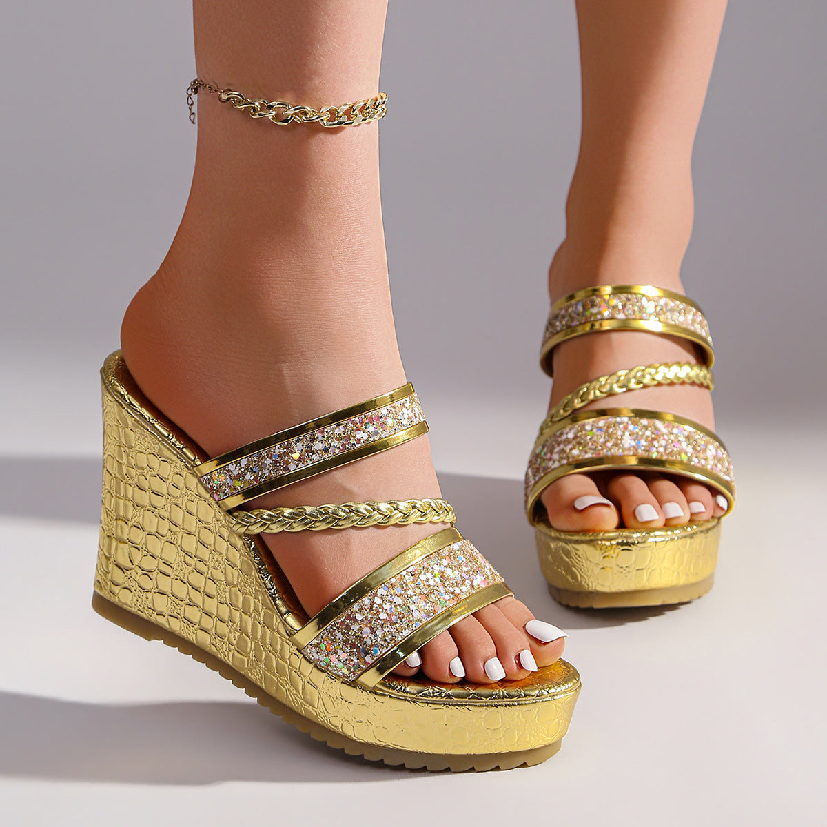 Damen Wedge-Sandalen mit funkelnden Akzenten und elegantem Krokodil-Design R&B