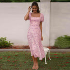 Damen Midikleid mit Puffärmeln und elegantem Blumendruck R&B