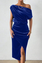 Damen Elegantes Schulterfreies Midikleid im Fließenden Design R&B