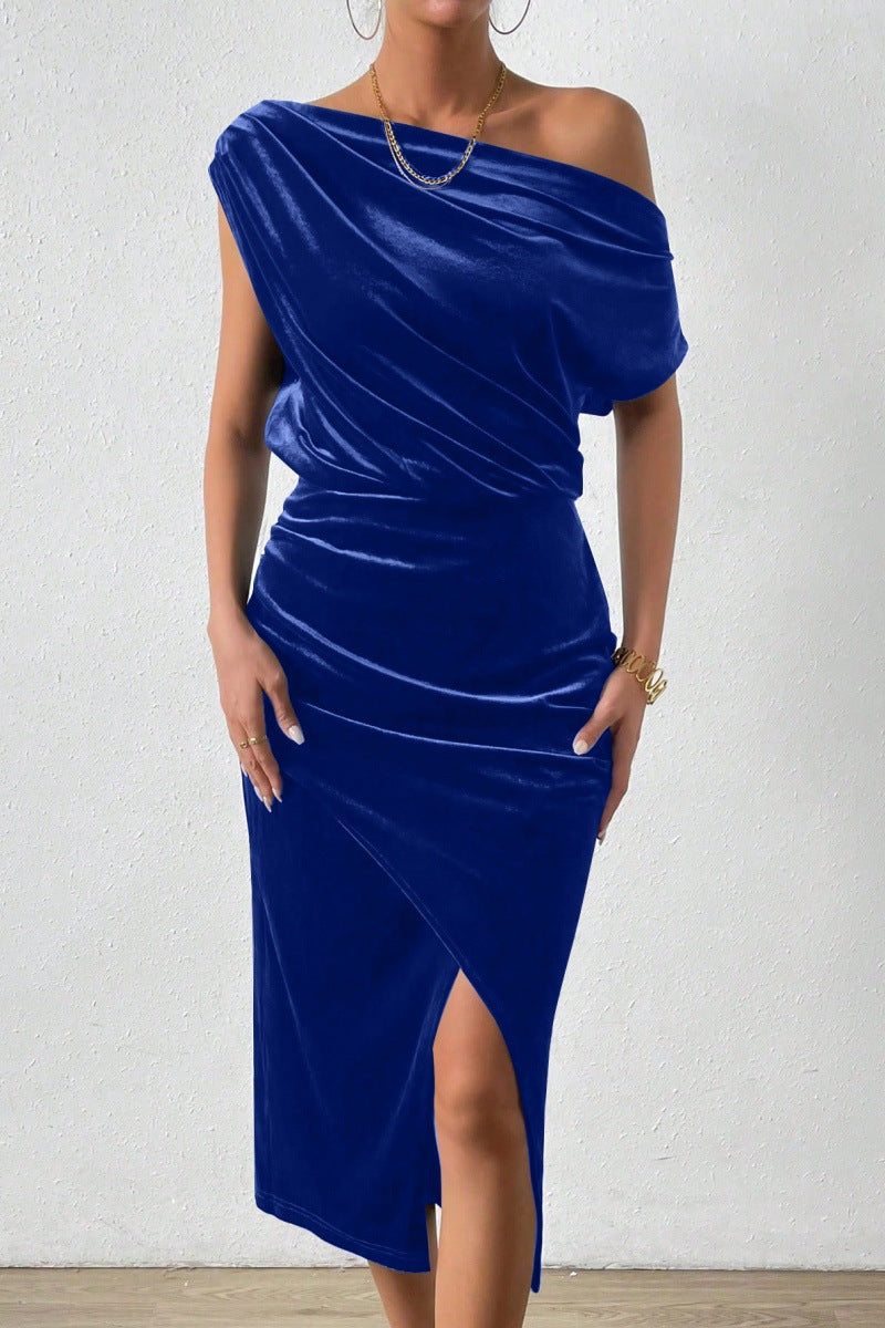 Damen Elegantes Schulterfreies Midikleid im Fließenden Design R&B
