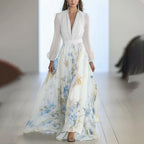 Damen nan fließendes Chiffon-Maxikleid mit tiefem V-Ausschnitt, tailliertem Bund und langem Glockenrock R&B