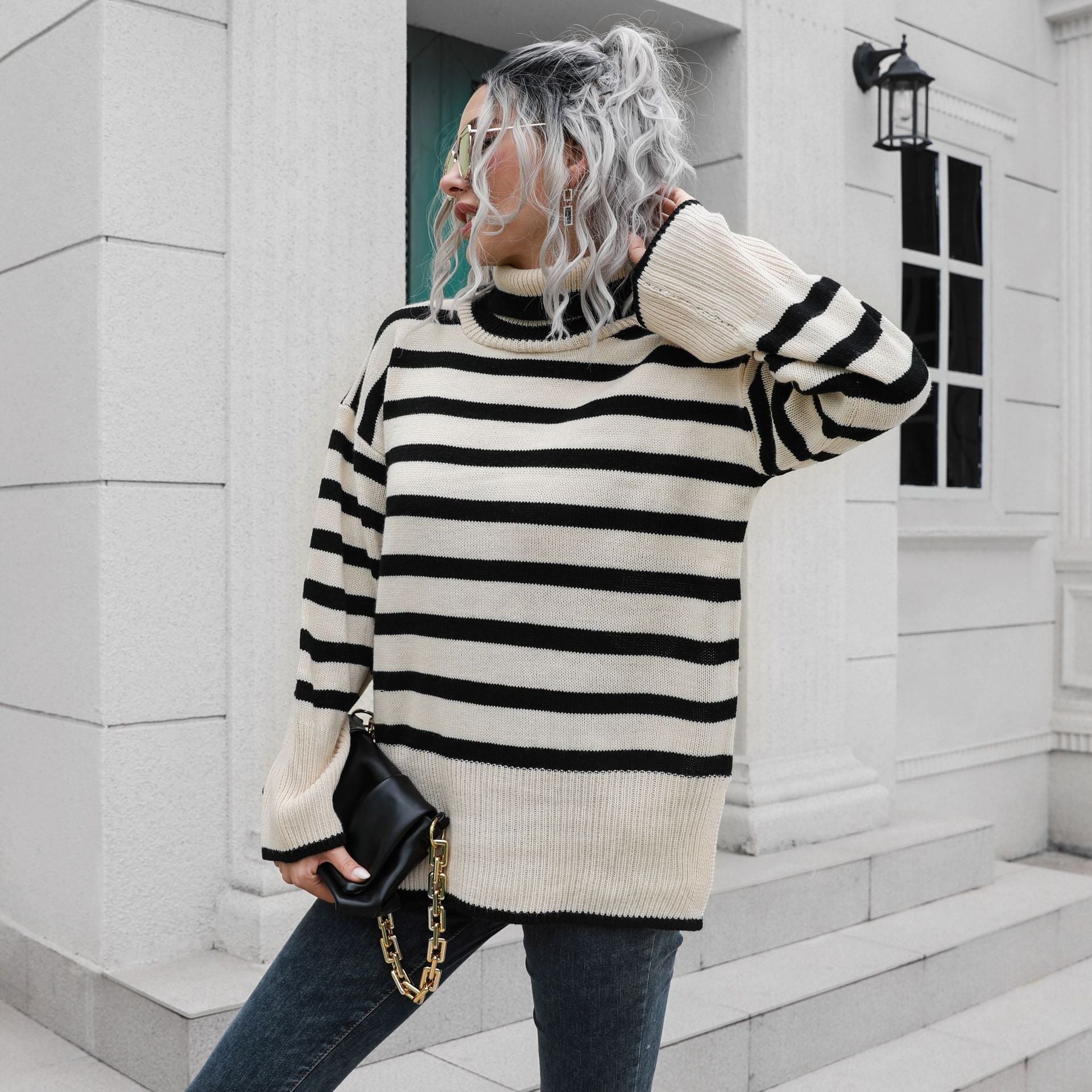 Damen Strickpullover mit hohen Bündchen und lässigem Streifenmuster R&B