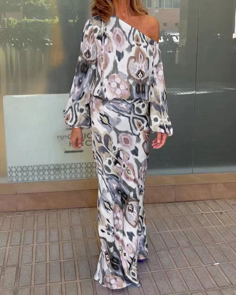 Damen Elegantes Maxikleid im grafischen Batikdesign mit Off-Shoulder-Ausschnitt und voluminösen Ärmeln R&B