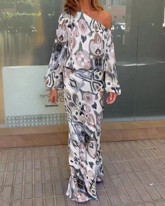 Damen Elegantes Maxikleid im grafischen Batikdesign mit Off-Shoulder-Ausschnitt und voluminösen Ärmeln R&B