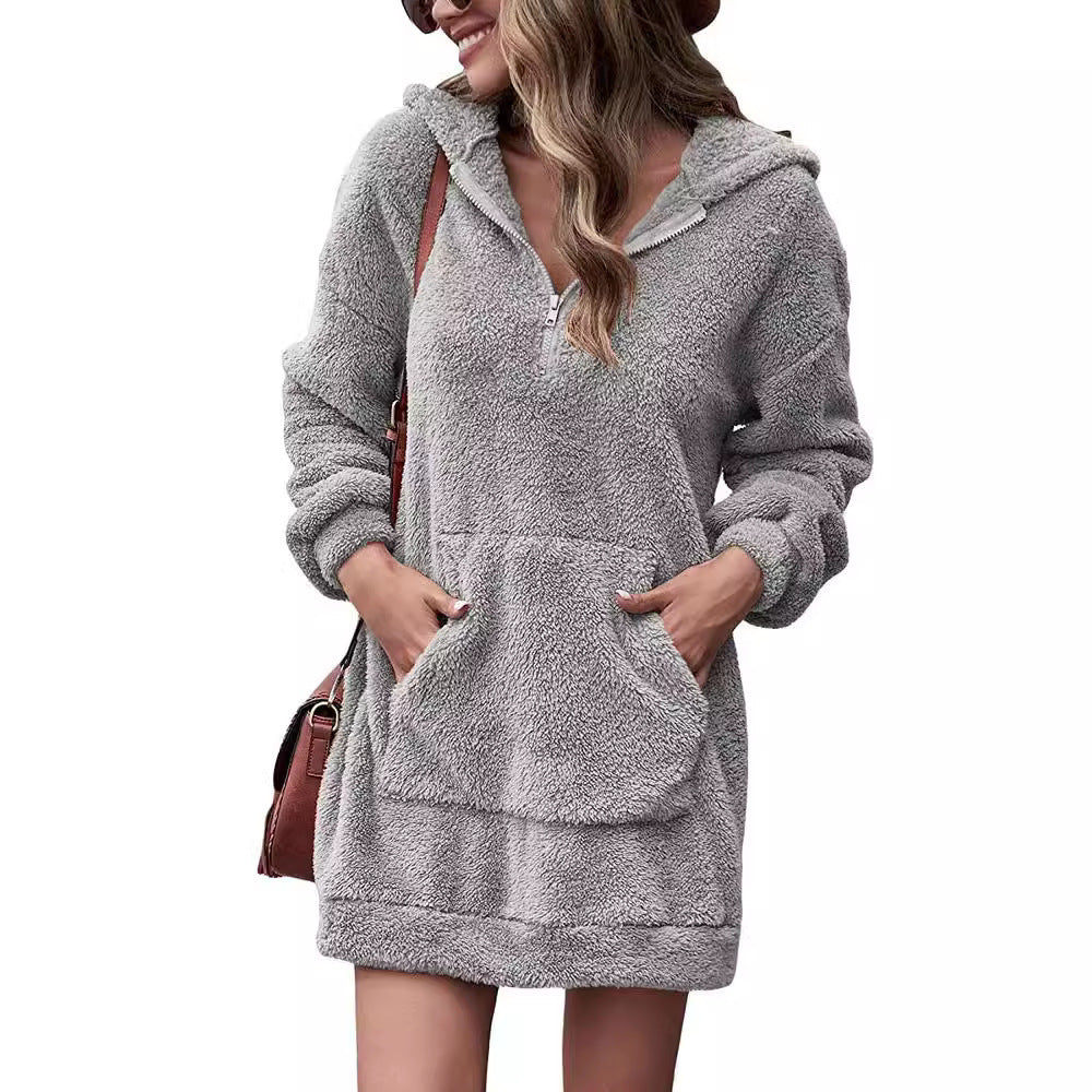 Damen Fleece-Kapuzenkleid mit Taschen und Reißverschluss R&B