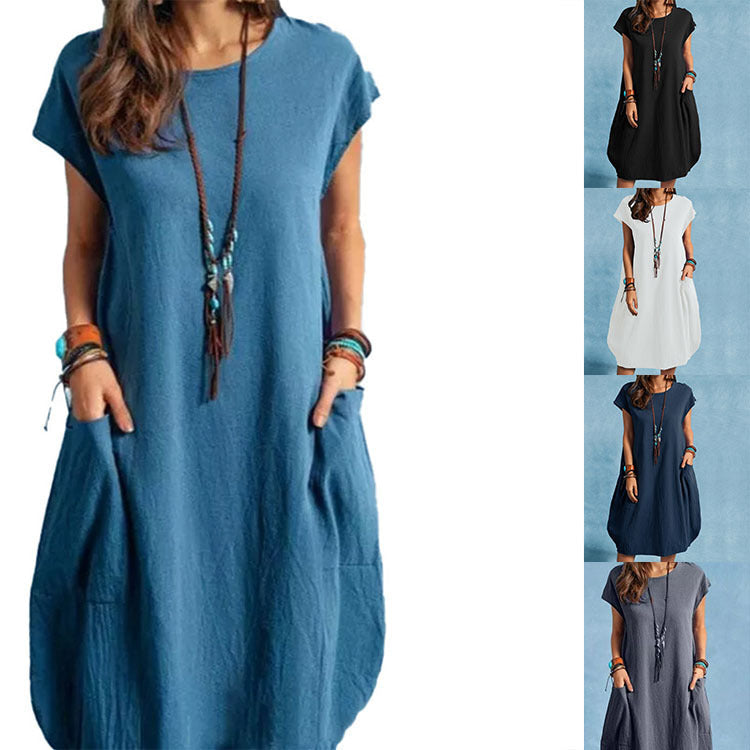 Damen lässiges Sommerkleid mit praktischen Seitentaschen und Rundhalsausschnitt R&B