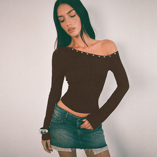 Damen Off-Shoulder Oberteil mit modischen Knöpfen und figurbetontem Schnitt R&B