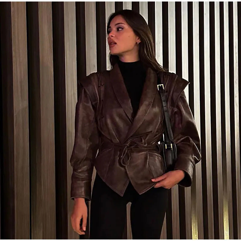 Damen modische Wildlederjacke mit tailliertem Schnitt und Bindegürtel R&B