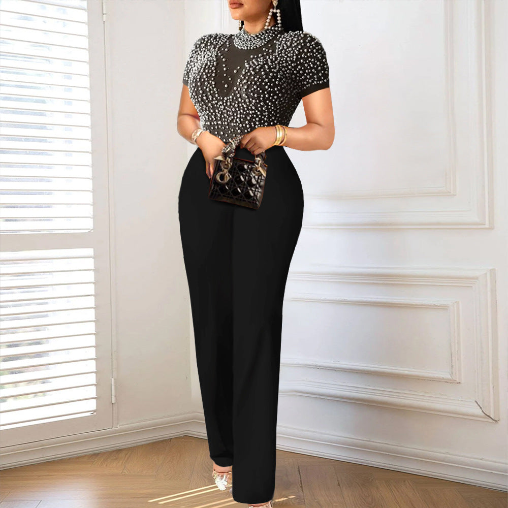 Damen eleganter Jumpsuit mit glitzernden Perlenakzenten R&B
