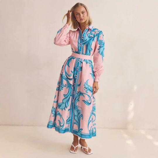 Damen Langarmhemdkleid mit floralen Akzenten und Taillengürtel R&B