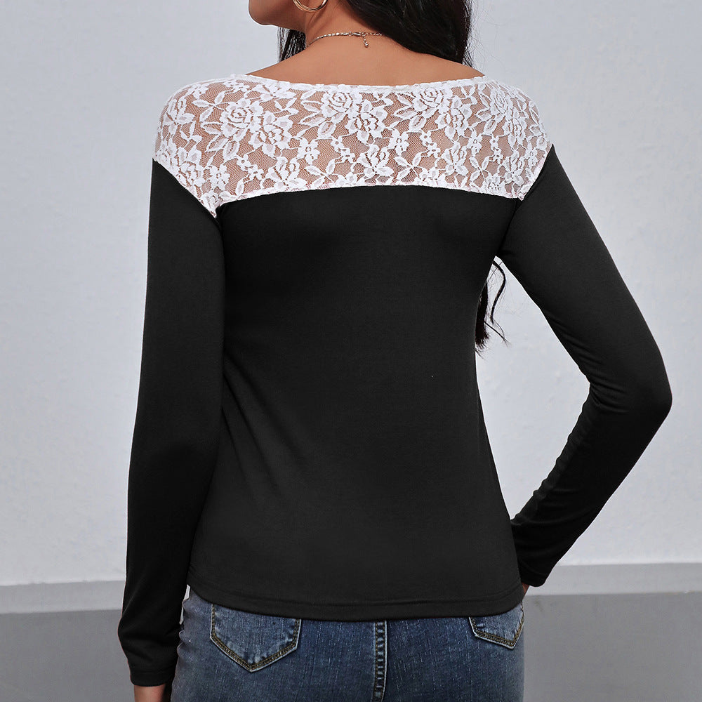 Damen elegantes Langarmshirt mit floralen Spitzendetails R&B