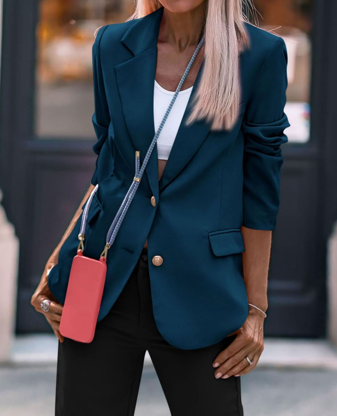 Damen Eleganter Einreiher Blazer mit goldenen Knöpfen und tailliertem Schnitt R&B